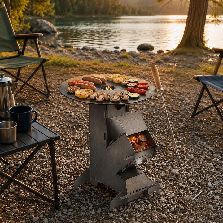 Peviasot Raketenofen mit Grillplatte und Feuerhaken Rocket Stove Outdoor 2 zusätzlichen Standfüssen