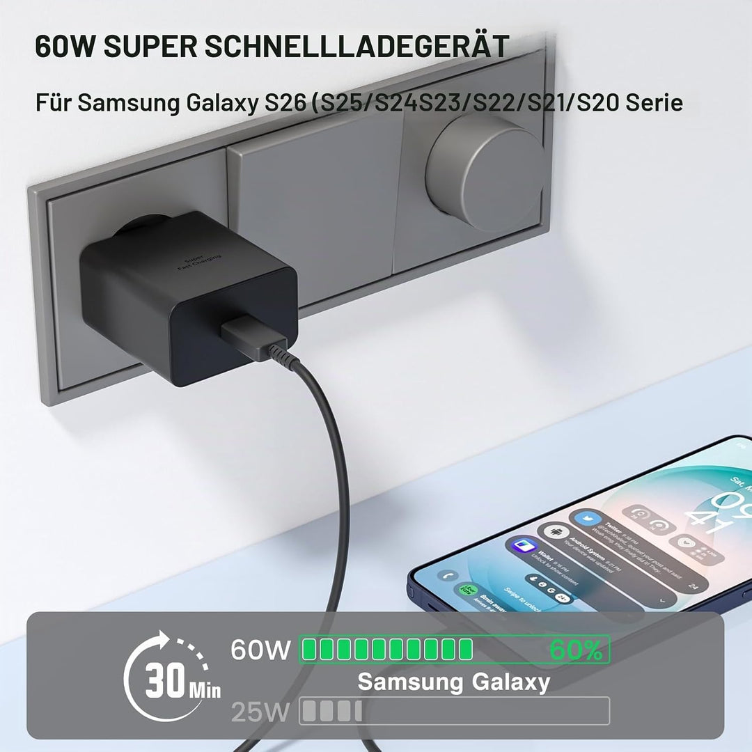 Schnellladegerät 60W Weiss mit 2m Kabel Kompatibel mit Samsung Galaxy Ultra Schwarz 1 Stück mit 2m K