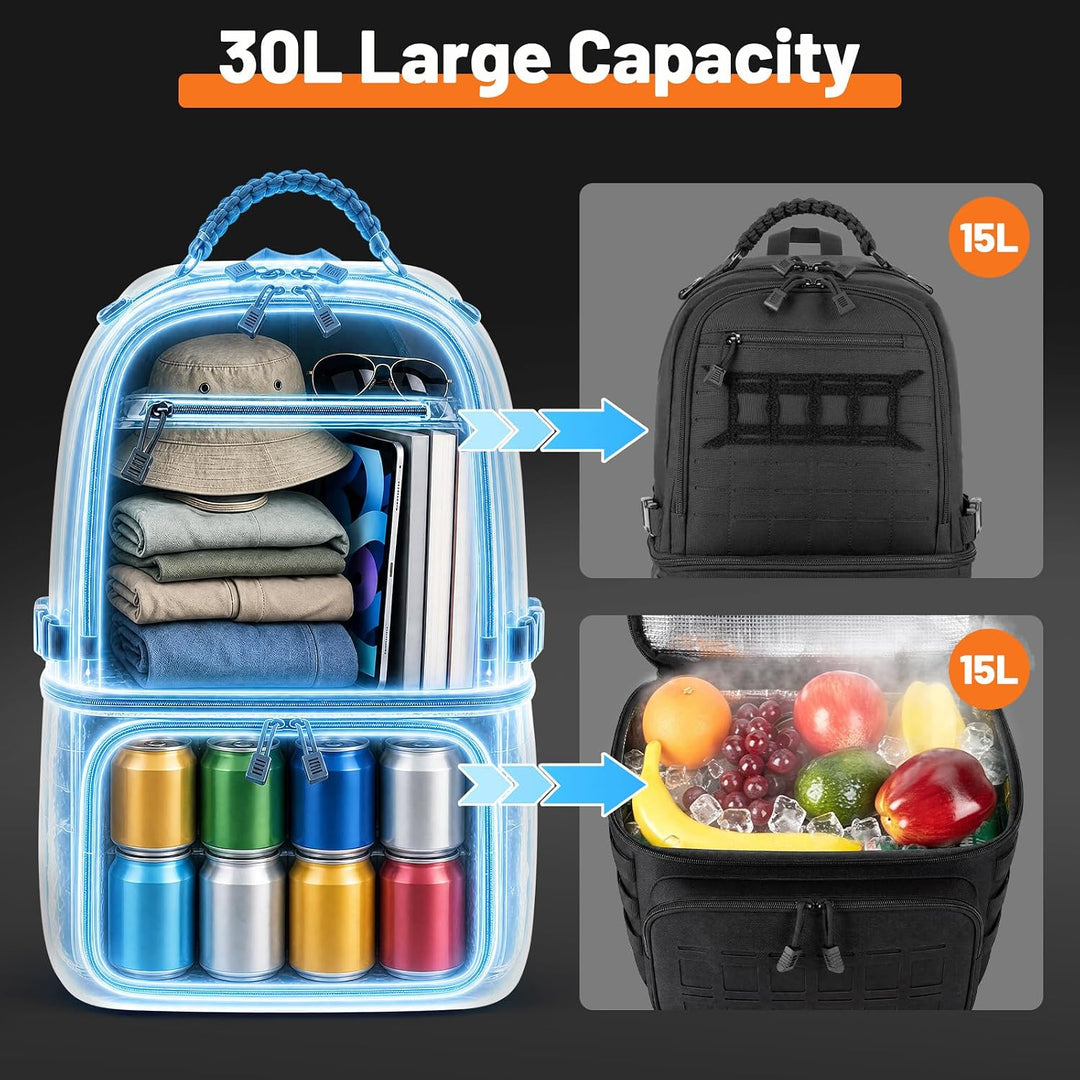 30L Kühlrucksack 2-in-1 Rucksack mit 15L Isolierter Wasserdicht Kühlkammer