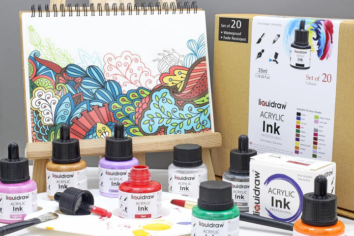 Liquidraw Acryl Zeichentinte - 20 verschiedene Farben | 35 ml Flaschen mit Tintentropfer | geeignet