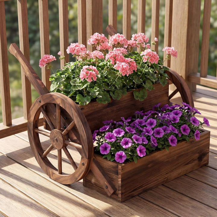 COSTWAY Blumenwagen Holz, Blumenständer mit 2 Rädern &amp; Griffen &amp; Drainagelöchern, Pflanzwagen, 2-stu