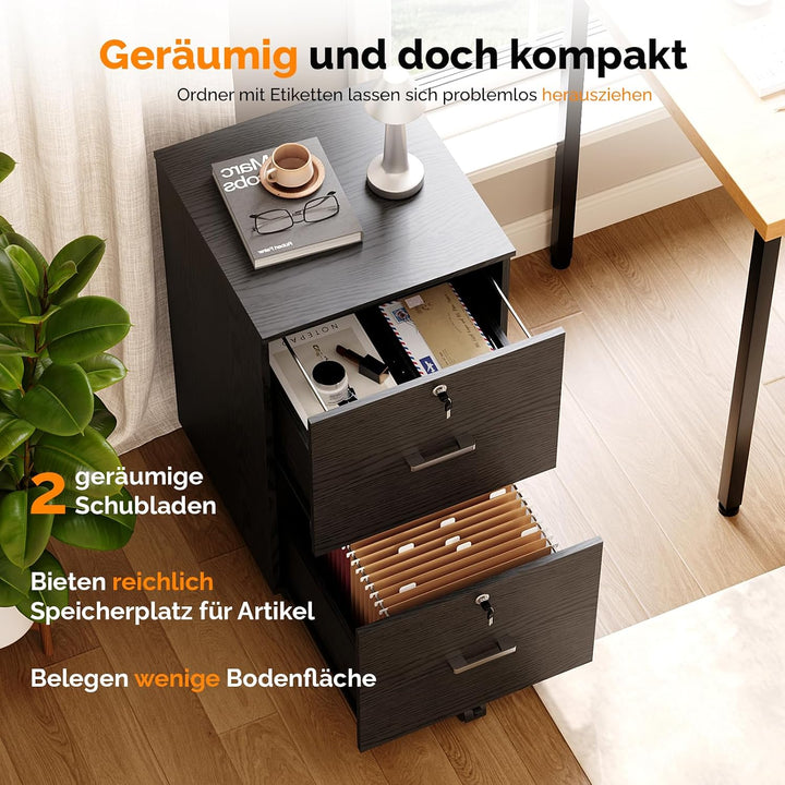 Bonnlo mobiler Aktenschrank 2 Schubladen für Büro,Homeoffice, schwarz,Holz, Schwarz