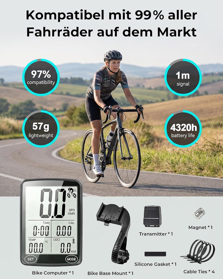 Flechazo Fahrradcomputer Kabellos, 2,8" LCD-Display, 19 Funktionen, Schwarz