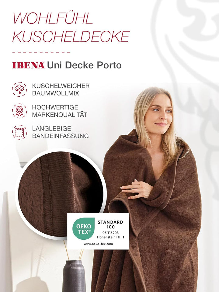Ibena Porto XXL Decke 180x220 cm – Baumwollmischung weich, warm &amp; waschbar, Tagesdecke braun einfarb