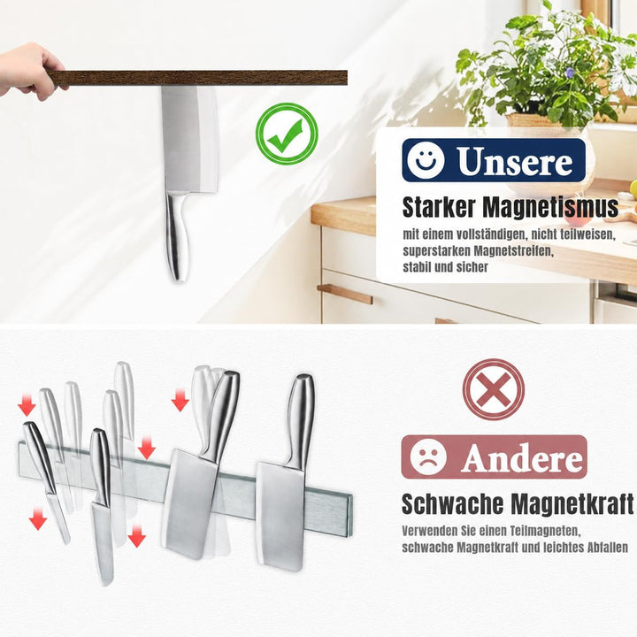 Dmore Magnetleiste Messer mit 5 Haken, 30 cm Messerhalter magnetisch aus Edelstahl, Walnuss-Optik Ma