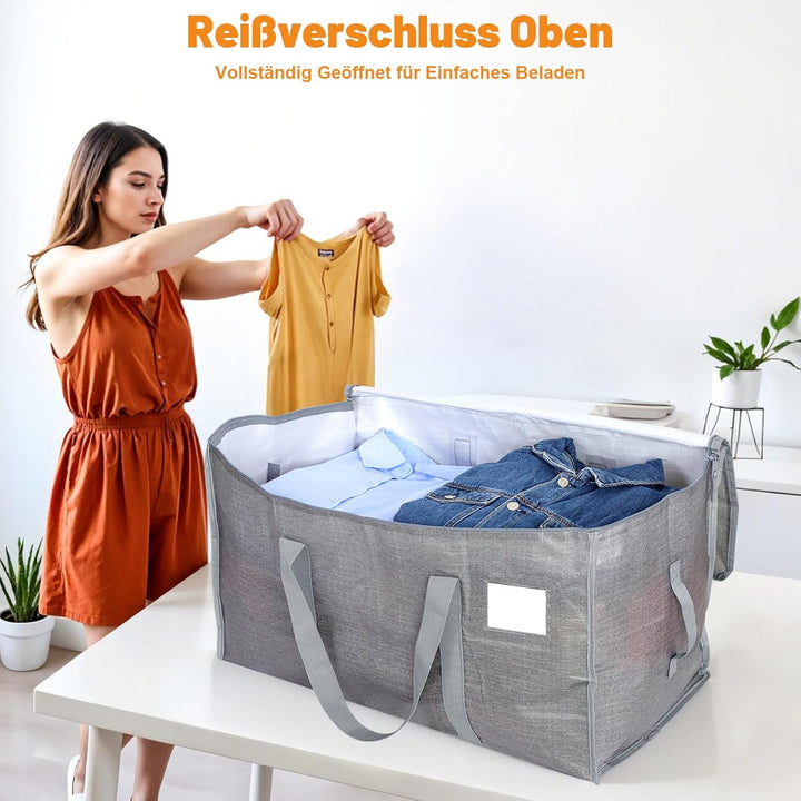 4 Stück 90L Grosse Aufbewahrungstasche mit Deckel, Faltbare Umzugskartons Gross mit Reissverschlüsse