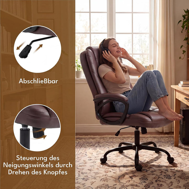 Bürostuhl mit Wippfunktion 150kg, Chefsessel Hohe Rückenlehne Braun, Braun