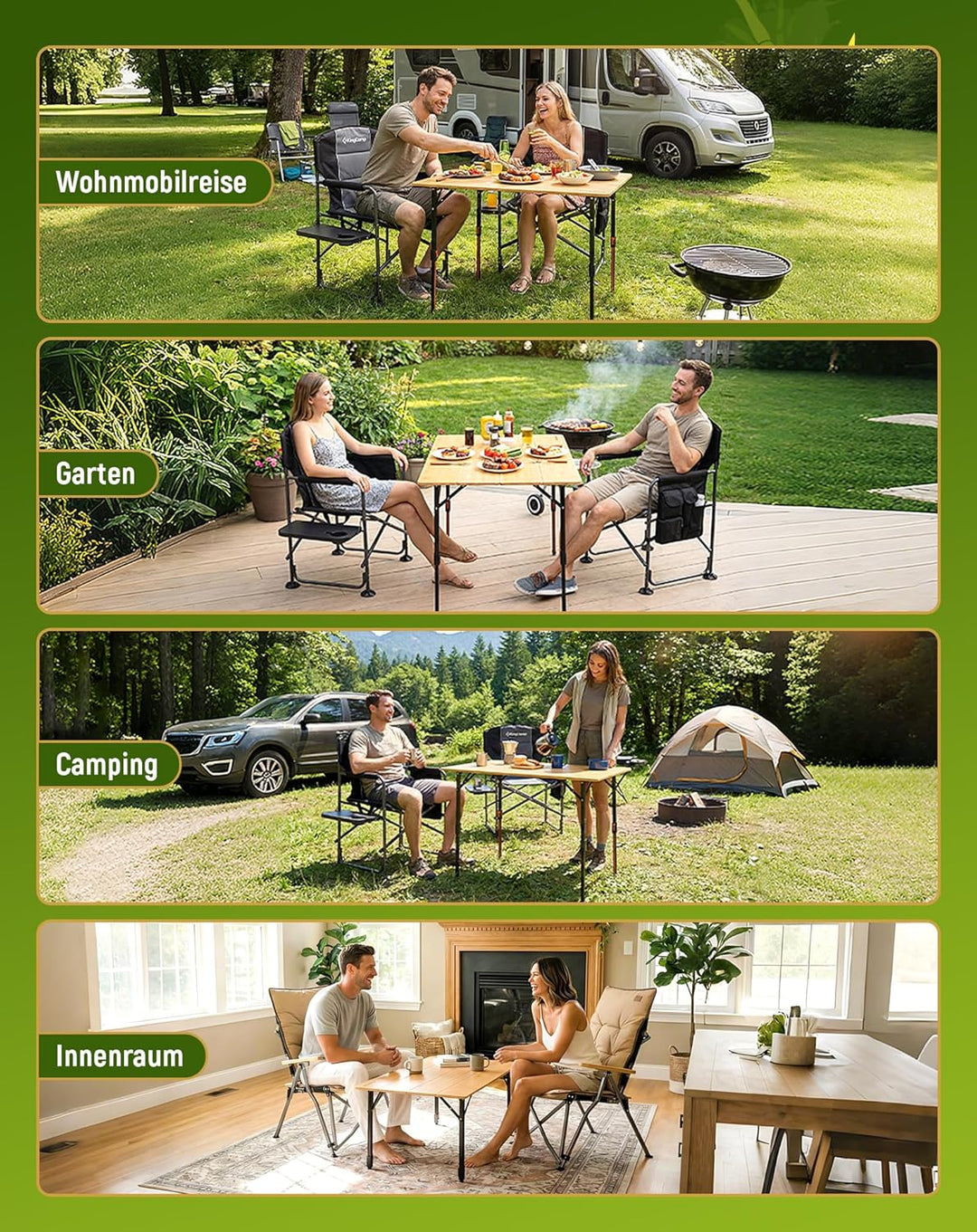 KingCamp Campingtisch Klappbar aus natürlichem Bambus, Höhenverstellbar (42-70cm), 120kg Belastbarke