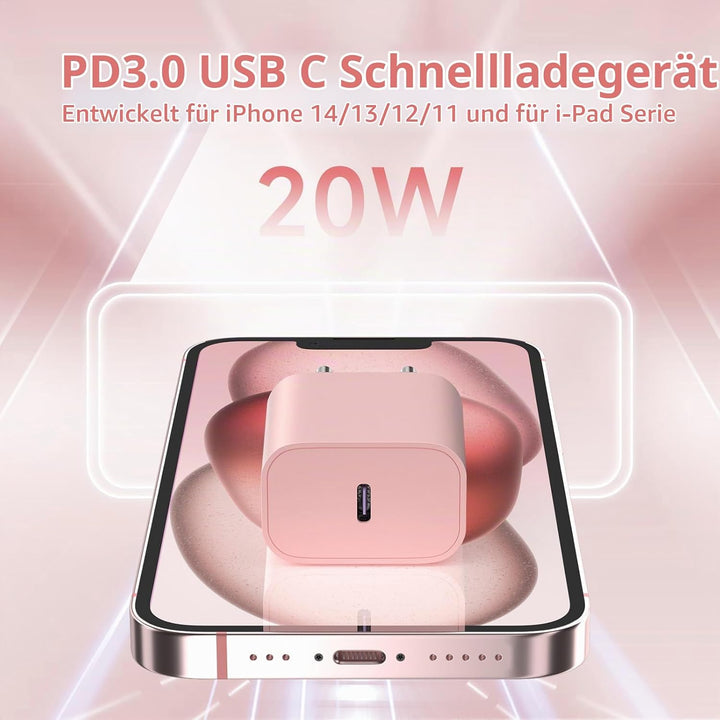 20W USB C Schnellladegerät mit 2M Lighting Ladekabel für iPhone 14/13 2Pack Rosa+Grün, Rosa+Grün