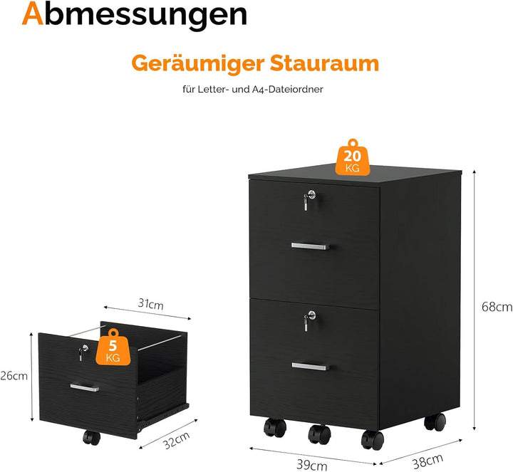 Bonnlo mobiler Aktenschrank 2 Schubladen für Büro,Homeoffice, schwarz,Holz, Schwarz