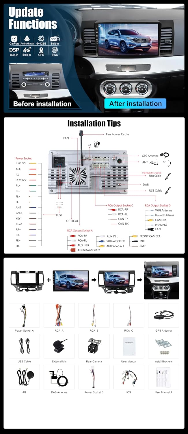 Eingebaut 4G LTE &amp; DAB | Android 15 QLED Autoradio für Mitsubishi Lancer (2010-2016)| 6G+128G | Carp