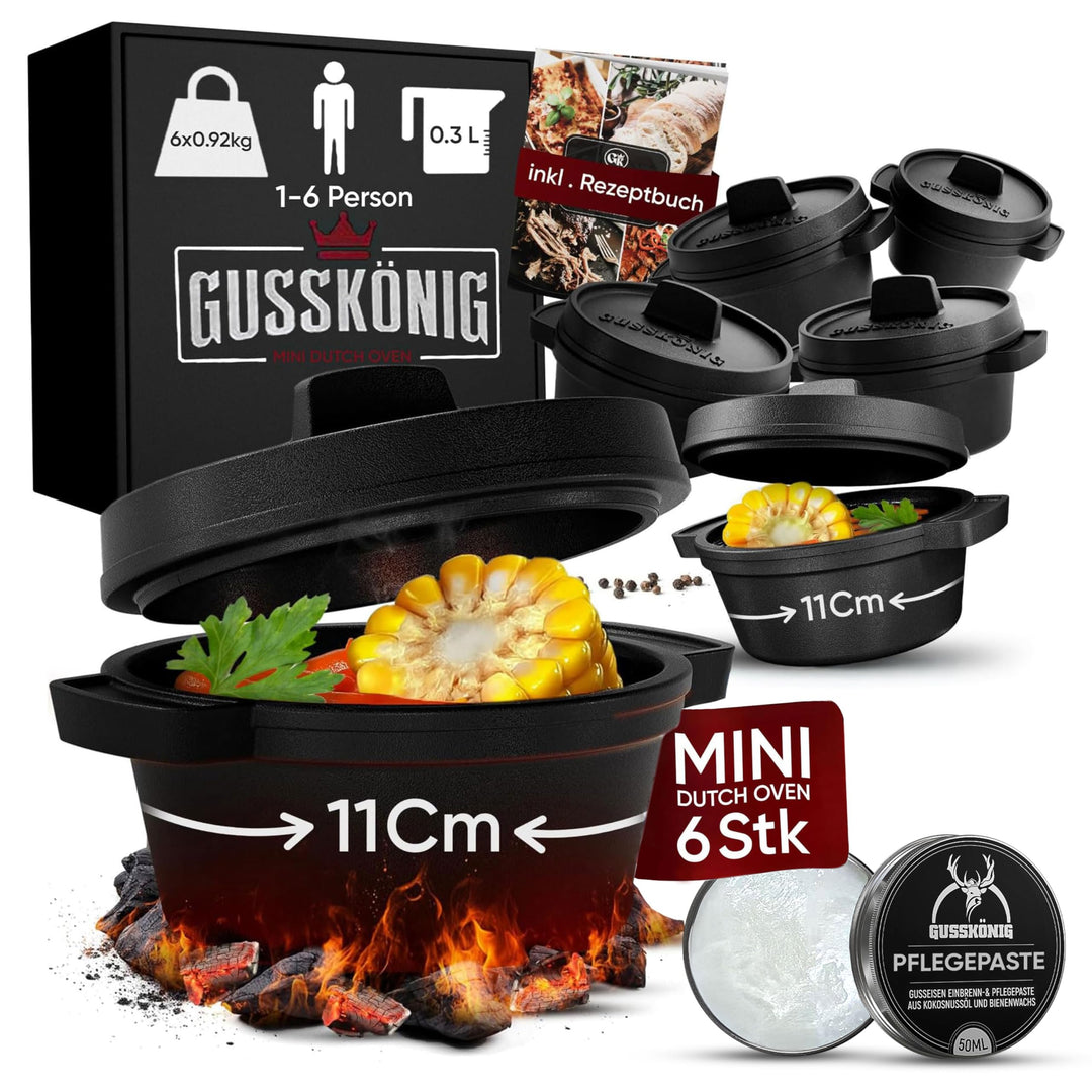Dutch Oven Set Mini –6x 300 ml Gusseisen Mini Topf mit Deckel–bereits eingebrannter Mini Dutch Oven–