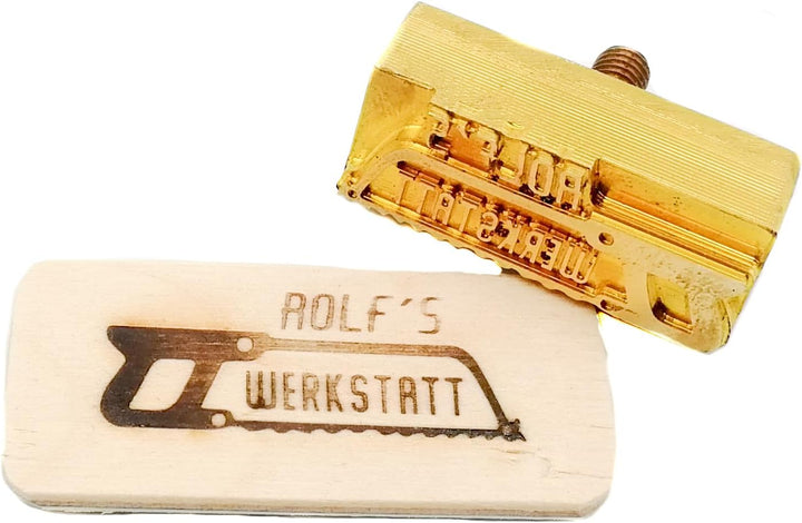 elektrischer Brandstempel mit deinem Schriftzug im Motiv "Säge" für Holz, Leder, Pappe - personalisi