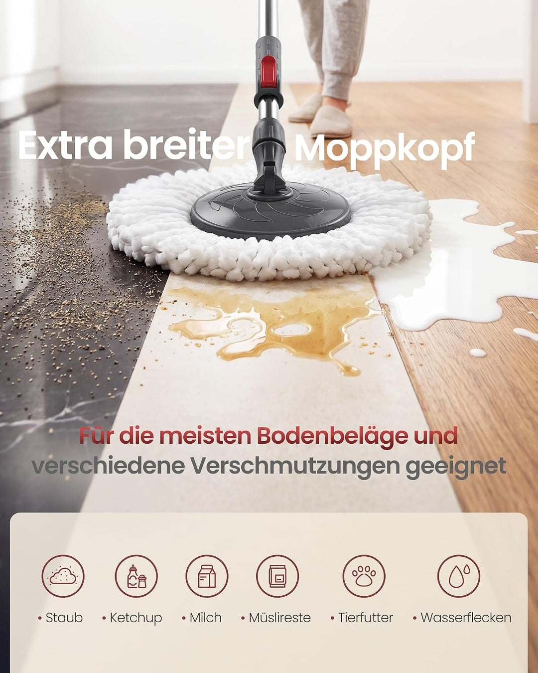 SONGMICS Wischmopp mit Eimer, Bodenwischer mit Schmutzwasser-Trennung und Rollen, Teleskopstiel, 4 M