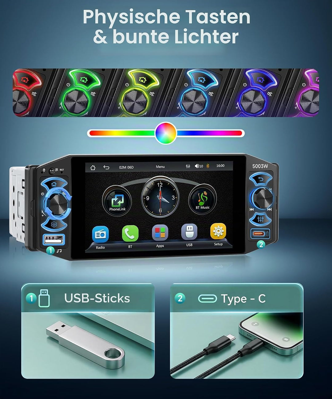 Rimoody Autoradio 1 Din mit Wireless Carplay Android Auto Bluetooth 5.2 FM/AM/RDS, 5 Zoll IPS Touchs