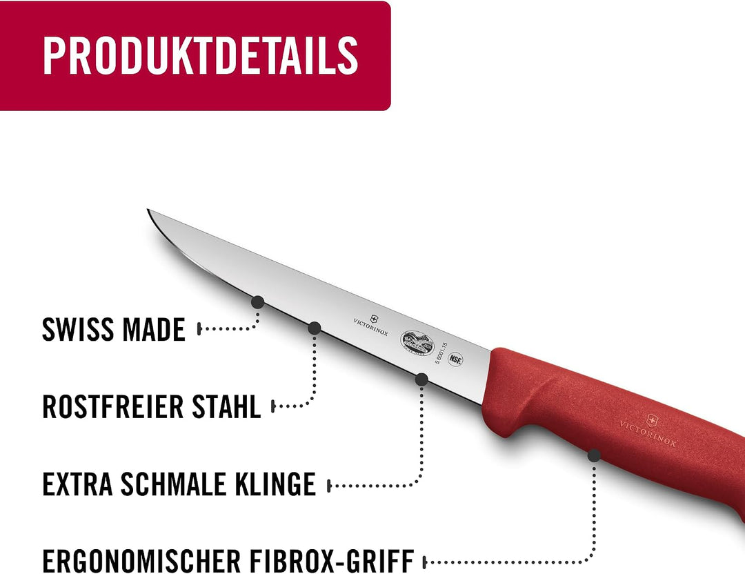Victorinox Fibrox Ausbeinmesser, Scharfes Küchenmesser für Fleisch und Geflügel, 15 cm, Gerade Kling
