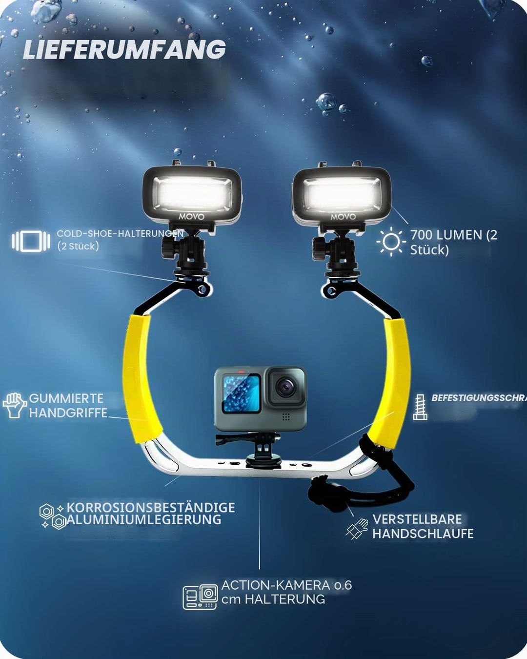 Movo DiveRig1 XL Taucher-Rig Bundle mit wasserdichten LED-Lichtern – kompatibel mit GoPro Hero, HERO
