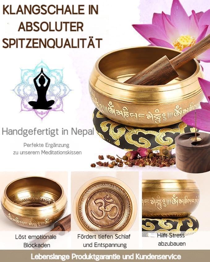 Hihealer Tibetanische Klangschalen-Set 100% Handgefertigt in Nepal, Grosse Klangschale mit Anleitung