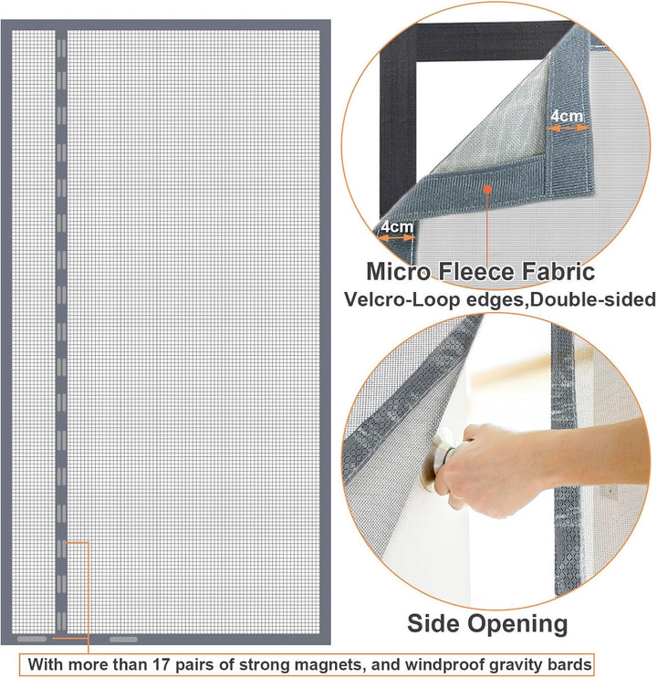 Risareyi Seitliche Öffnung Magnet Fliegengitter Balkontür 60x225cm, Grau