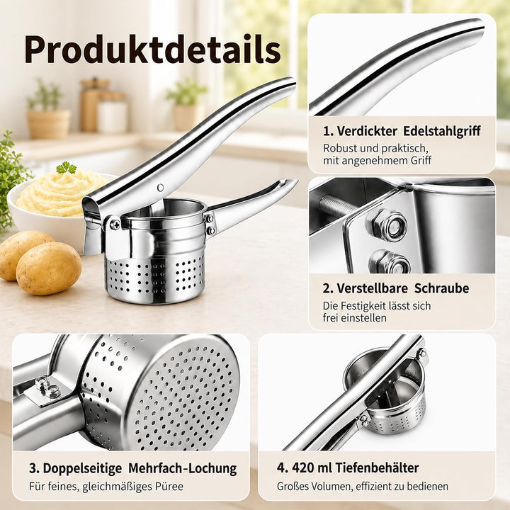 Kartoffelpresse Edelstahl 420ml mit Schraubfixierung, Spätzlepresse &amp; Spaghettieispresse, Multifunkt