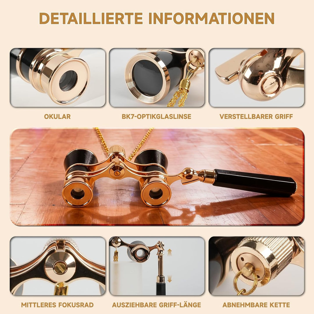 3X25 Opernglas Fernglas Kompakt mit verstellbarem Griff und Kette, tragbares Vintage-Theaterglas Min