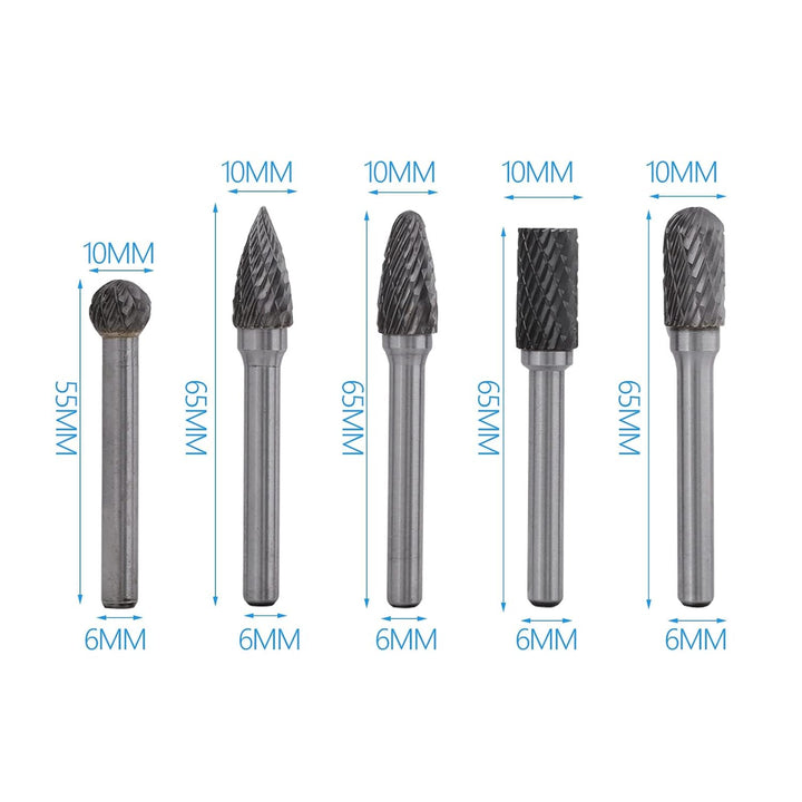 5pcs Drehbohrer Rotary Bit Wolfram Stahlschleifgrat 6mm Schaft 10mm Kopf Rotary Burrs für Formenbau
