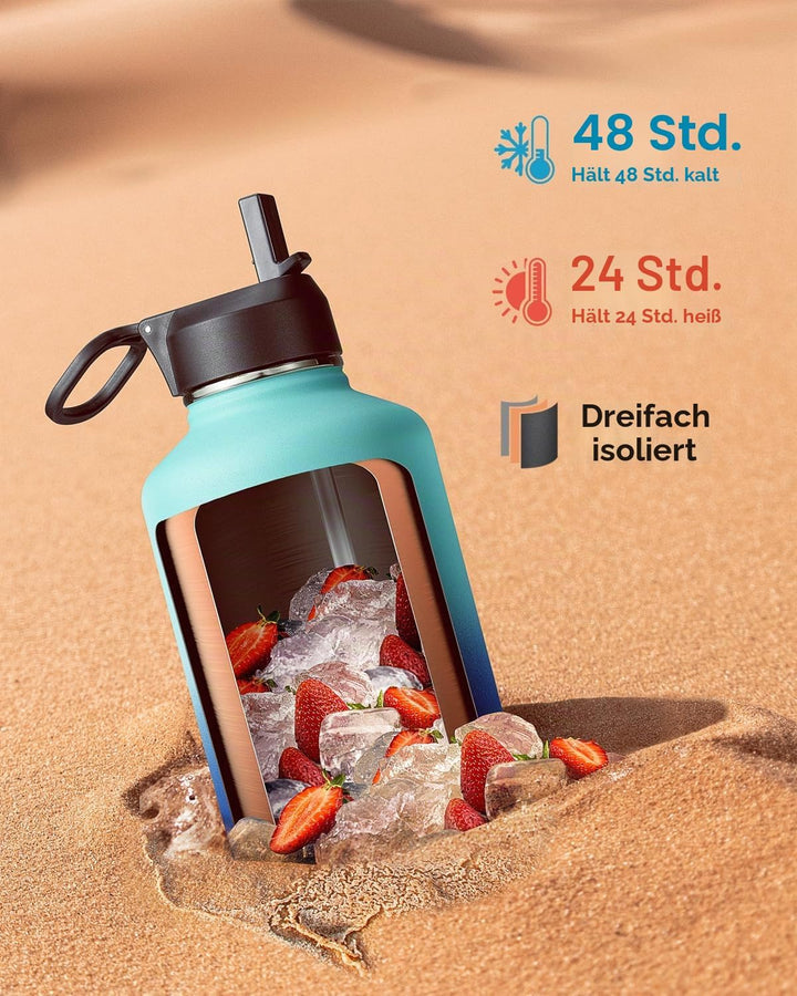 Isolierte Wasserflasche 2L, Coolflask Wasserflasche mit Strohhalm &amp; 3 Deckeln, Edelstahl Isolierte t