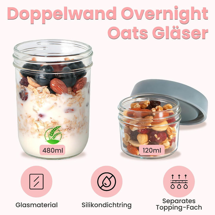 2er Overnight Oats Gläser, Müslibecher to go, 480 ml+120ml 480ML+120ML, 480ML+120ML