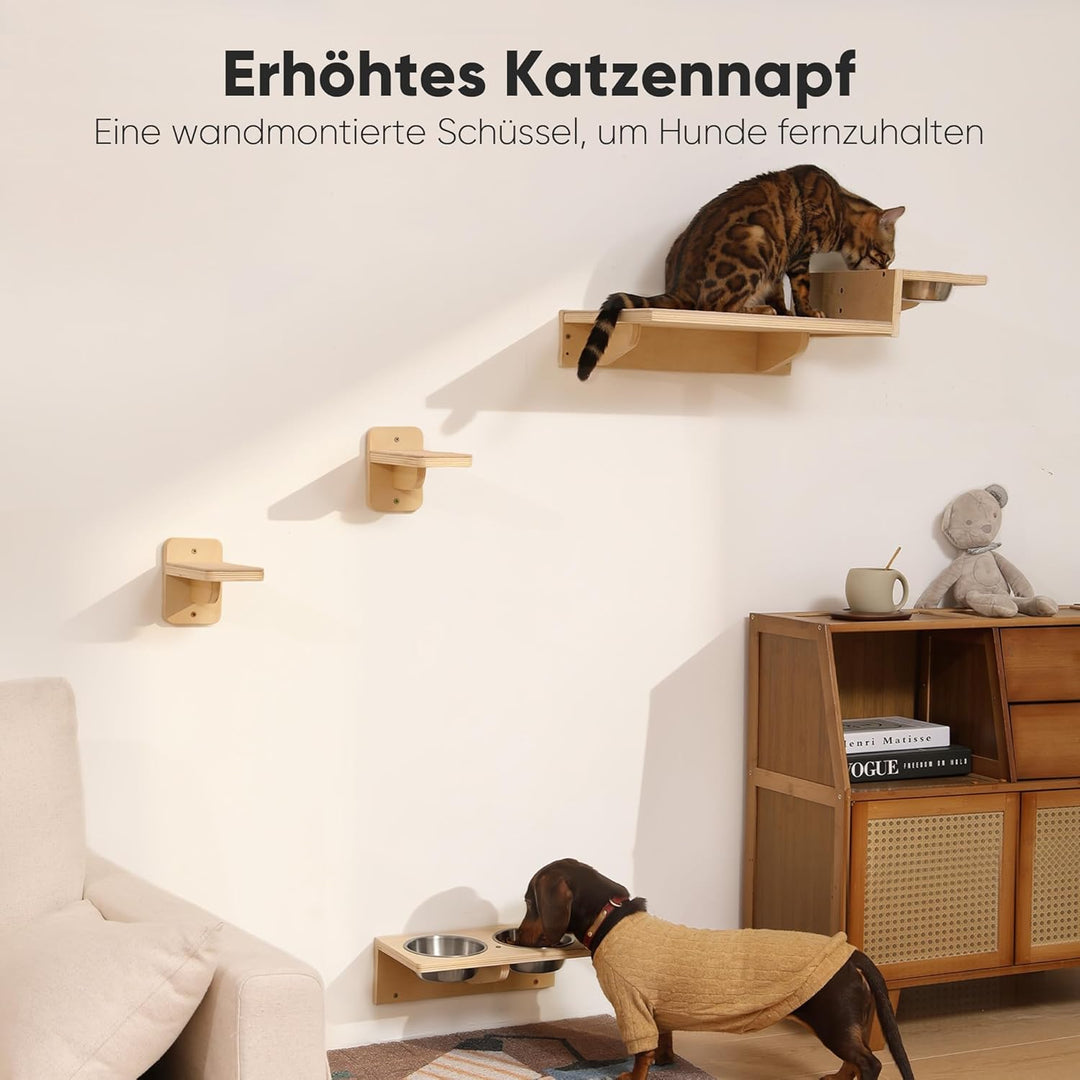 FUKUMARU Kletterwand Katzen Set, 2 Katzentreppe aus Massives Gummiholz, Katzenwand mit Katzennapf au
