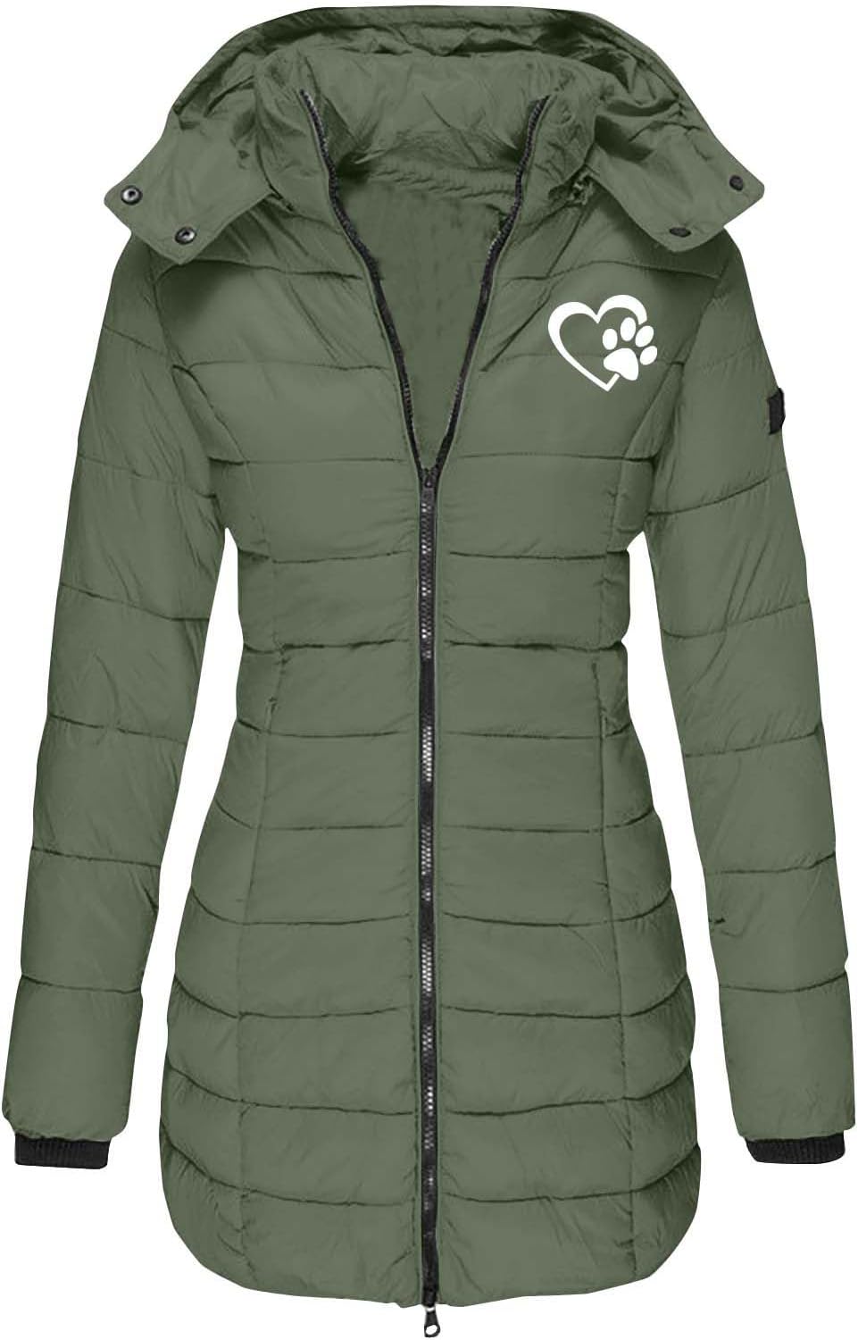 Daunenjacke Damen Lang Herz Hundepfote Druck Winterjacke Warm Steppjacke Mit Abnehmbar Kapuze Reissv