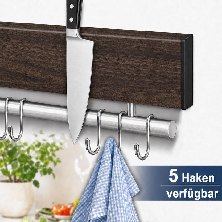 Dmore Magnetleiste Messer mit 5 Haken, 30 cm Messerhalter magnetisch aus Edelstahl, Walnuss-Optik Ma