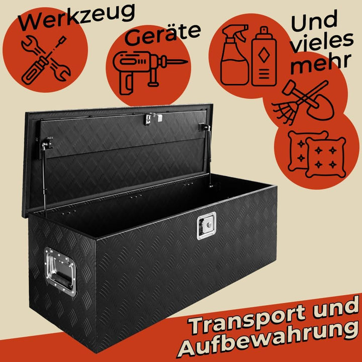 Trucky Deichselbox Schwarz Werkzeugkasten Truckbox Alu Box Anhänger Kiste mit Deckel Abschliessbar A
