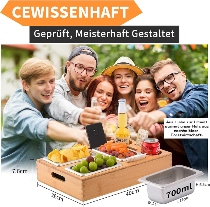 Couchbar Snackbox, Snackspender mit 3X Snackschale, Bambus Sofatablett für Sofa, Deko, Couch Bar mit