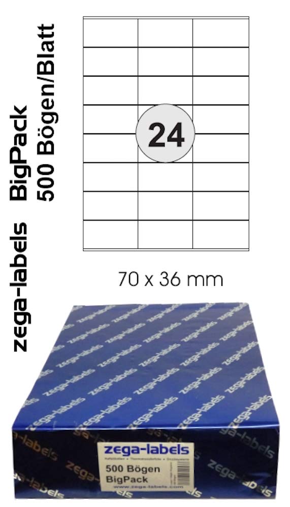12.000 Etiketten 70 x 36 mm selbstklebend auf DIN A4 Bögen (3x8 Etiketten) - 500 Blatt Bigpack - Uni