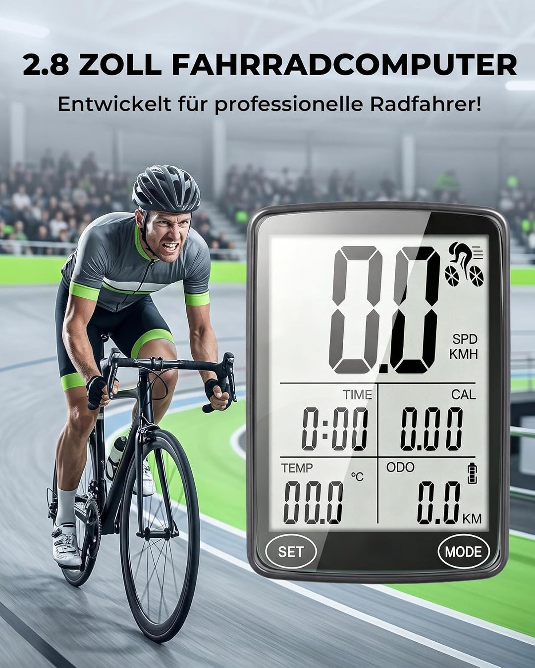 Flechazo Fahrradcomputer Kabellos, 2,8" LCD-Display, 19 Funktionen, Schwarz
