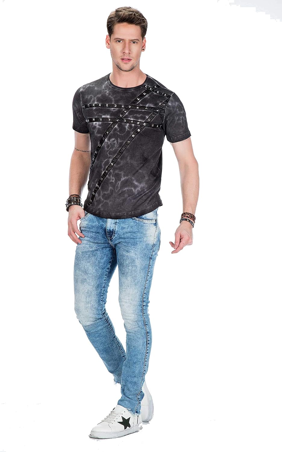 Cipo Baxx Herren Used Jeans Hose Frayed-Legs Slim Fit Design Hose Blau W42 L34