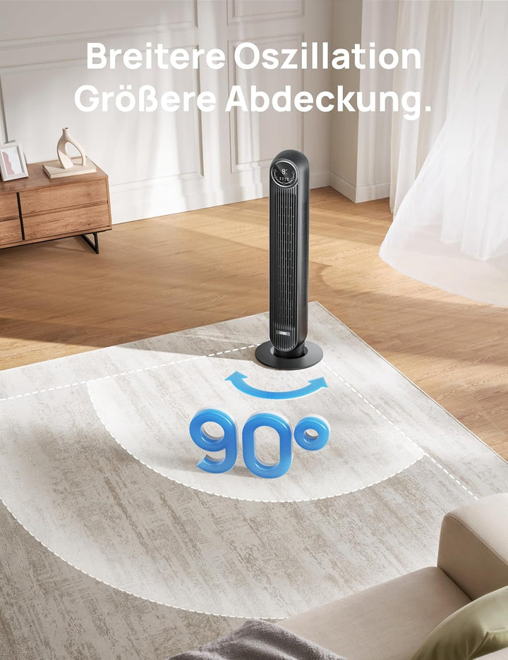 Dreo Leiser Turmventilator für Schlafzimmer, 7,3m/s Geschwindigkeit Ventilator mit Kühlung, 90° oszi