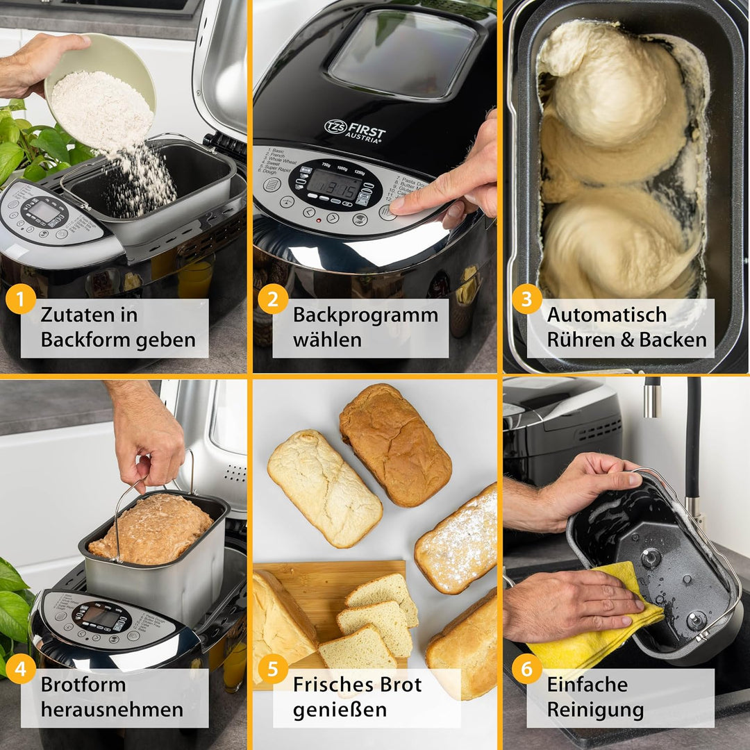 TZS First Austria Brotbackautomat mit 12 Automatikprogrammen, 700g-1000g-1250g Füllmenge, Timer, ein