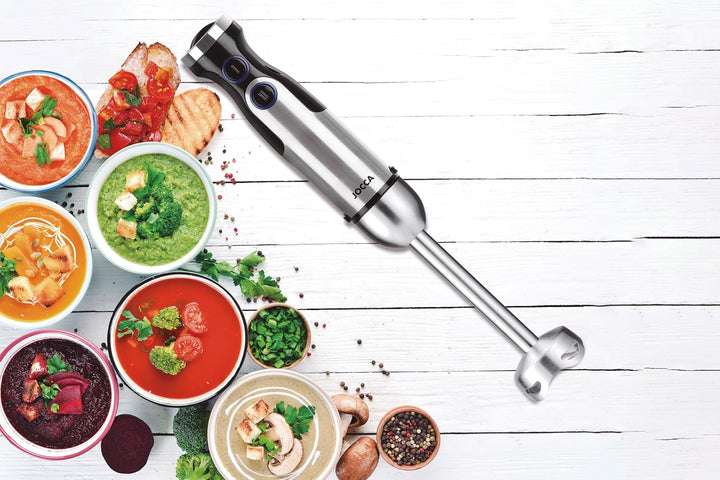 JOCCA - 1200W Stabmixer mit Zubehör | Edelstahlgehäuse, Klingen und Stab | 6 Geschwindigkeiten und T
