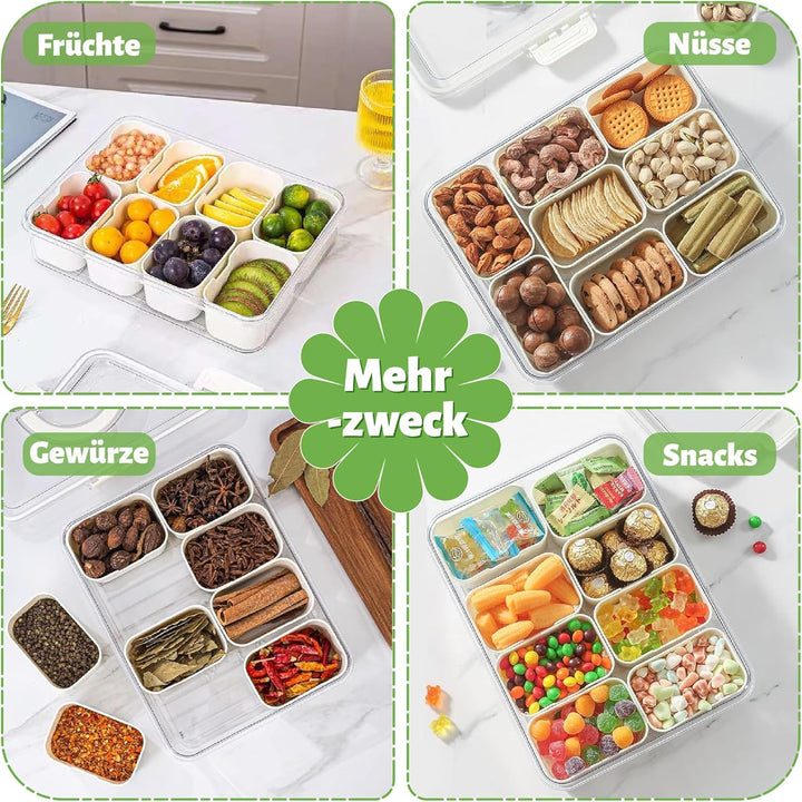 Snackbox mit 8 Fächern &amp; Deckel - Tragbare Snackschale mit Griff, Luftdicht &amp; Spülmaschinenfest, Sna