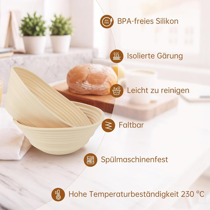 Silikon Gärkörbchen Set (2 Stück),Brotformen Oval &amp; Rund,BPA-frei, Leichtes Entformen &amp; Faltdesign,
