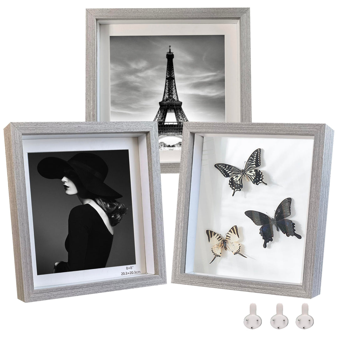 Houstimi Bilderrahmen 20x20cm Grauer Objektrahmen 3 Pack rahmen aus Massivholz und Echtglas für Obje