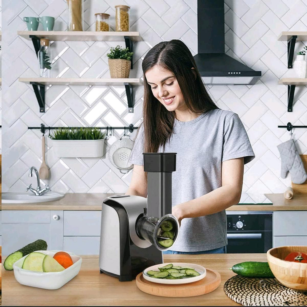 COOCHEER Gemüseschneider Elektrisch, Profi 150W Gemüsehobel Edelstahl Gemüsereibe Multireibe mit 5 S