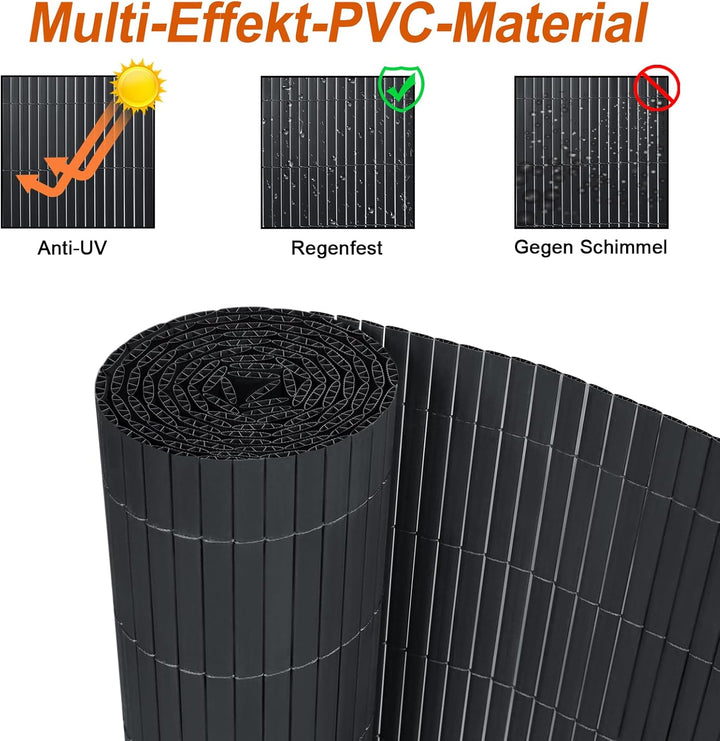 PVC Sichtschutzmatte Sichtschutzzaun 90x800CM, Anthrazit, Outdoor Sichtschutz mit verstärkten Lamell