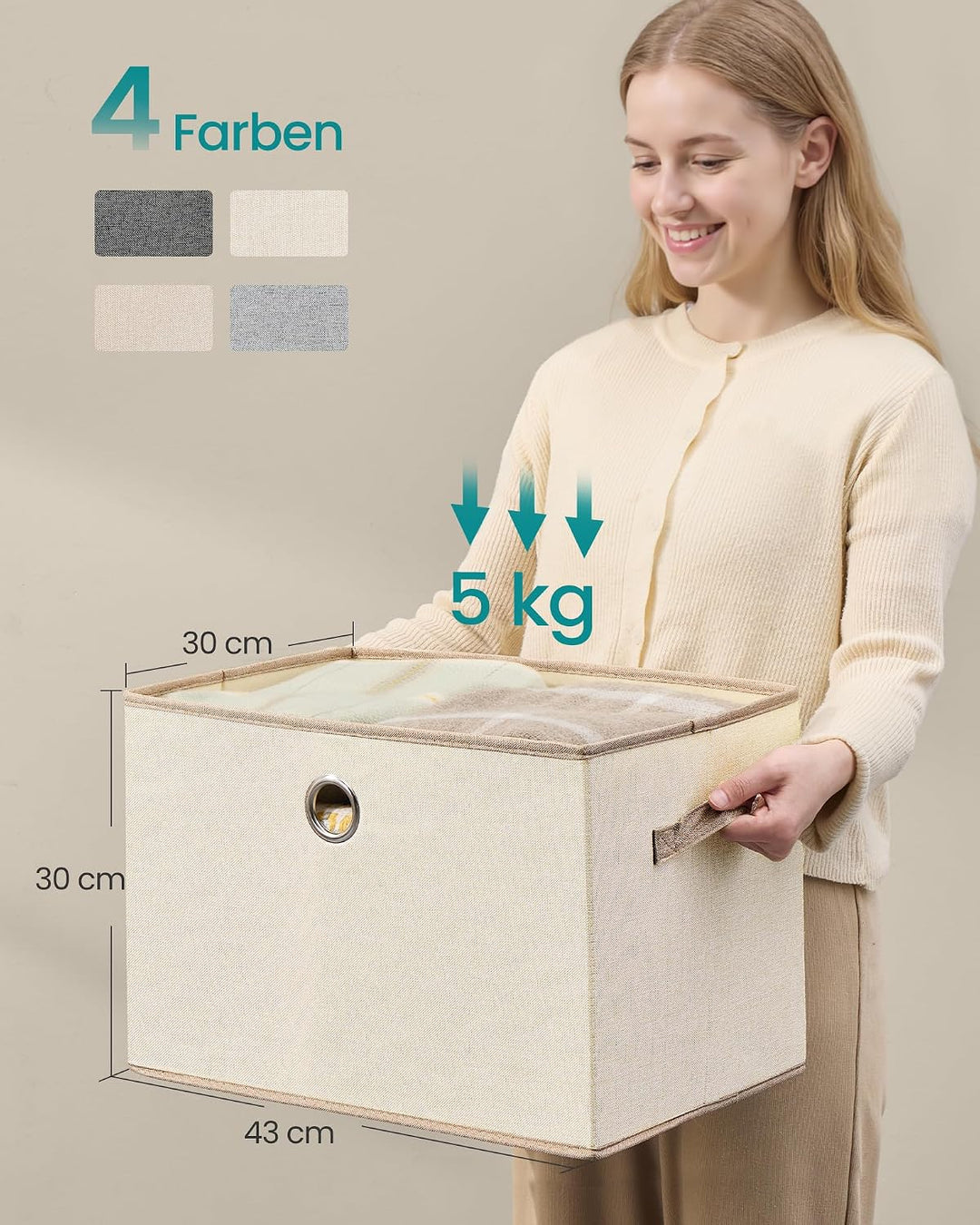 SONGMICS Aufbewahrungsboxen, 3er Set, mit Deckel, Stoffboxen mit Griffen Cappuccinobeige, Cappuccino