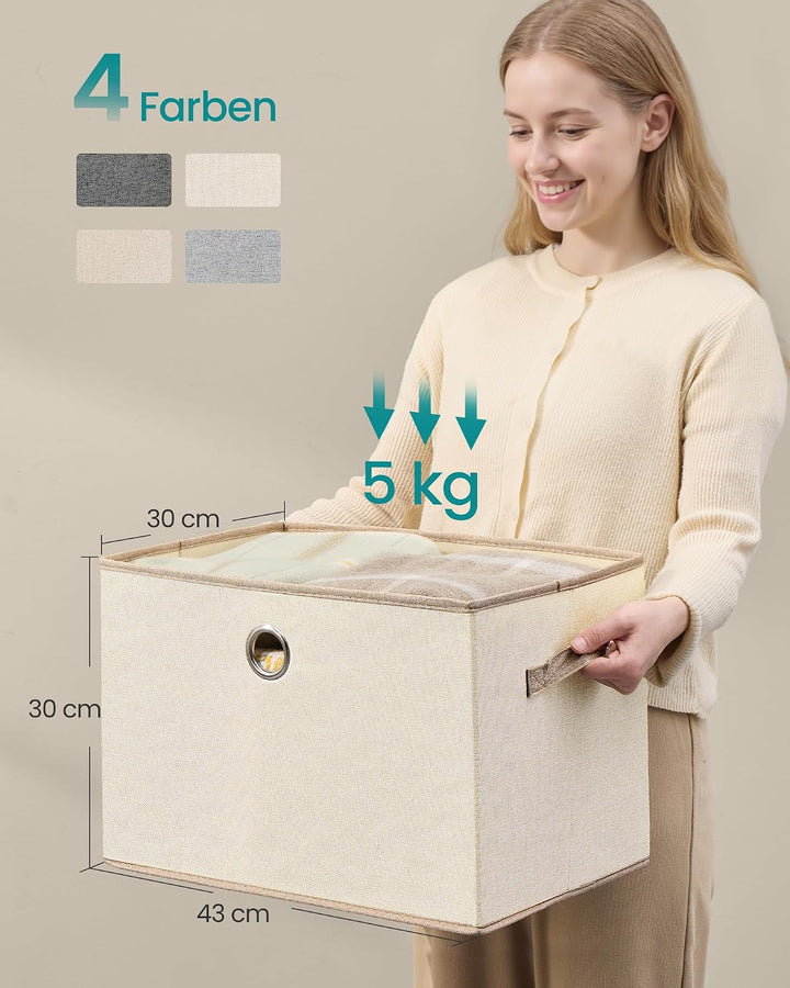 SONGMICS Aufbewahrungsboxen, 3er Set, mit Deckel, Stoffboxen mit Griffen Cappuccinobeige, Cappuccino