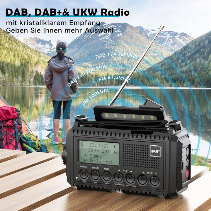 Kurbelradio DAB/UKW, Tragbare Solar Radio mit LED Taschenlampe &amp; Leselicht, DAB+/FM Dynamo Radio IPX