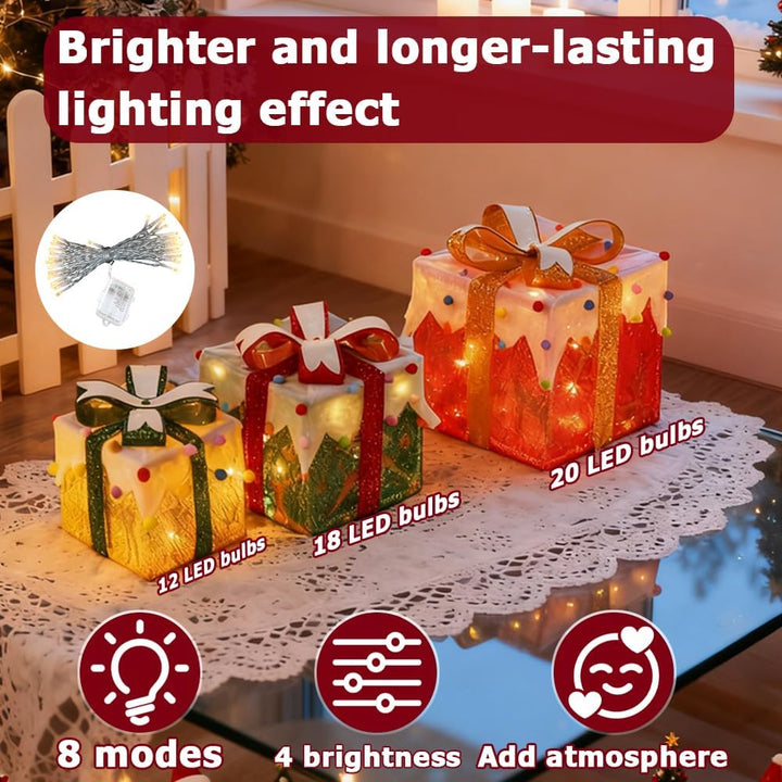 Led Geschenkbox Weihnachten mit Timer 3er Set, Led Deko Geschenke Leucht Boxen, Weihnachtsdeko Leuch