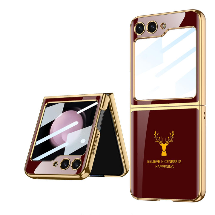 COQUE Galaxy Z Flip 5 5G Hülle,ultradünnes 9H Glas glänzend lackierte Handyhülle,Faltbare Handyhülle