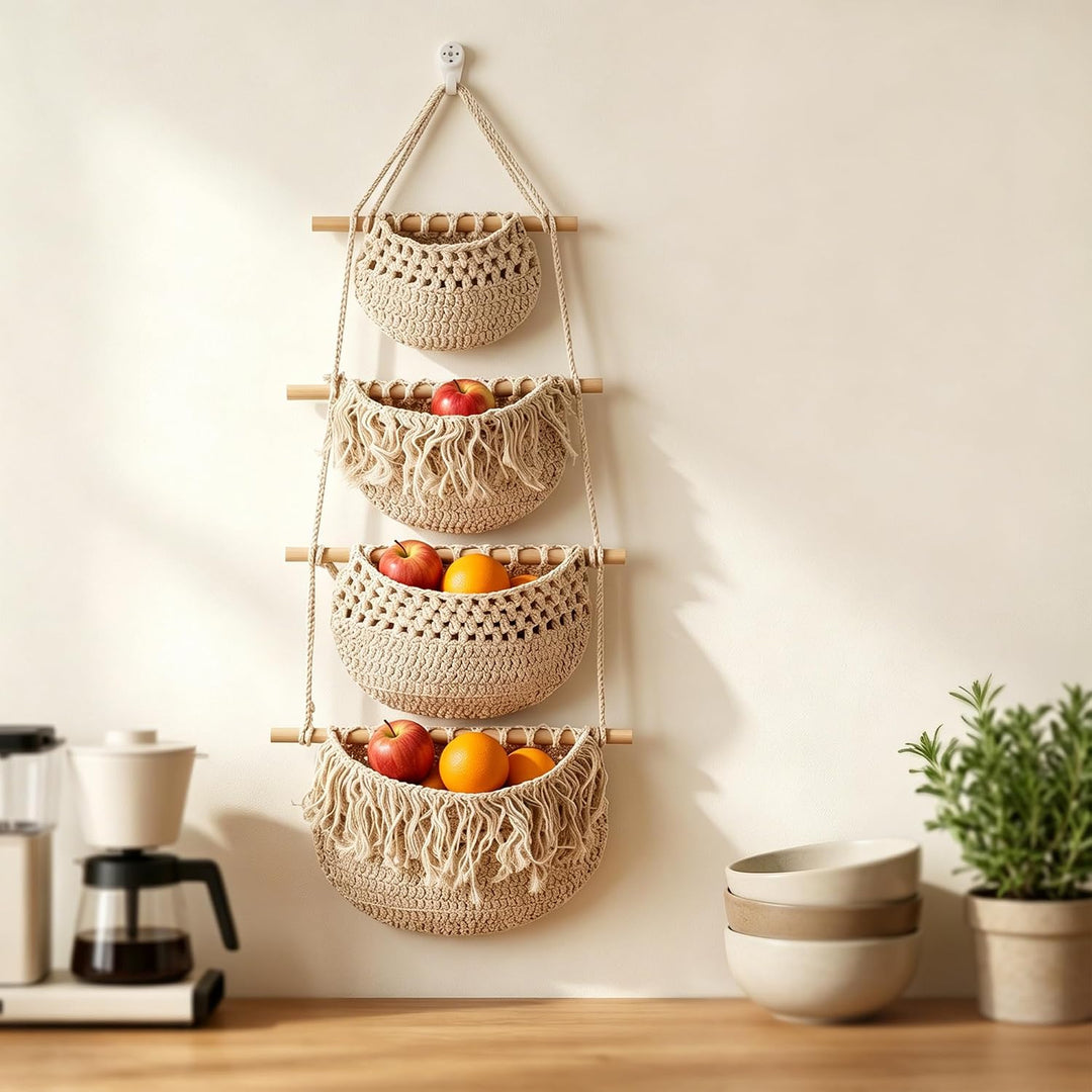4 Stöckig Hängetasche Wand 104cm lang, Gewebte Hängekorb Makramee Obst Hängende Aufbewahrungskörbe,